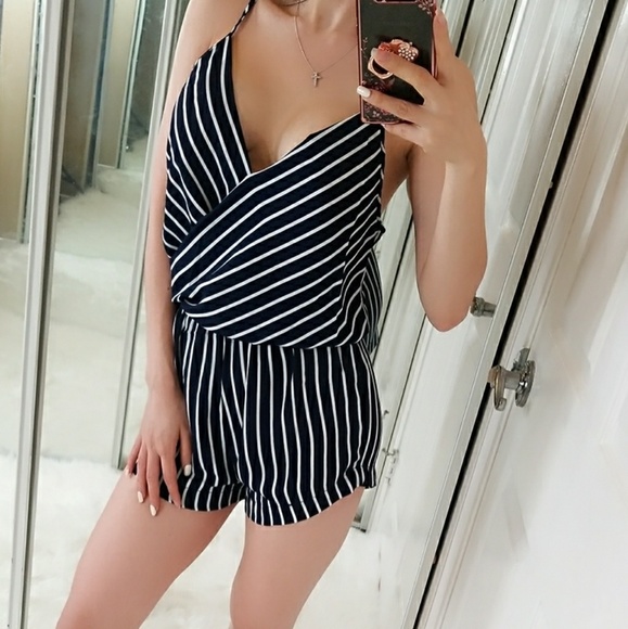 Striped Surplice Neckline Romper - Picture 2 of 7